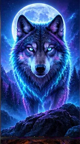 Wolf met elektrisch blauwe verlichting