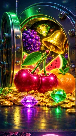 Kleurrijk fruit, edelstenen en gouden munten